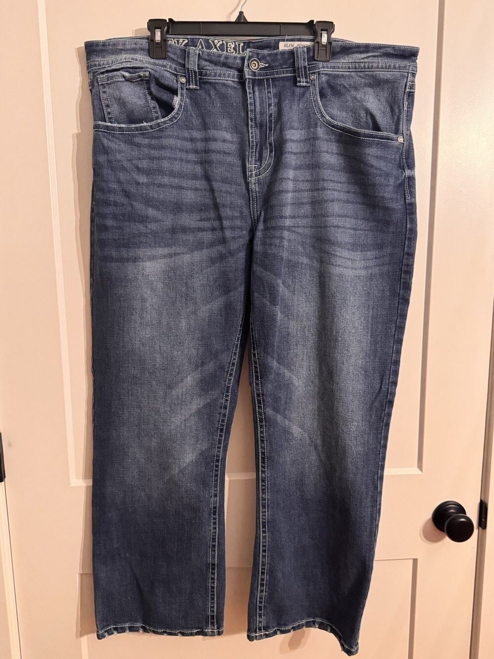 TK Axel Men's Slim Boot Cut Medium Wash Blue Jeans 40x30 Flap Pockets Whiskers